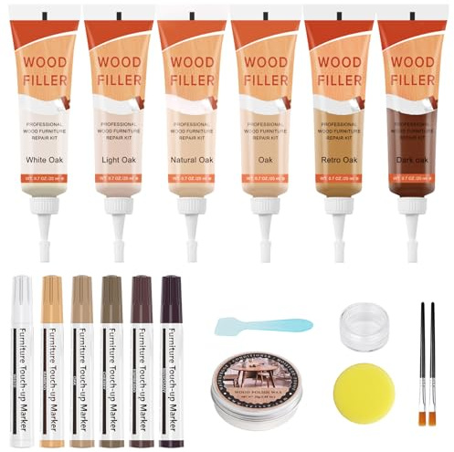 DEWEL Reparaturset für Laminat, 6 farbige Holzfüller und 6 farbige Retuschiermarker für Tafeln, für Möbel mit rissigen Löchern, professionelle Holzreparaturcreme-Sets