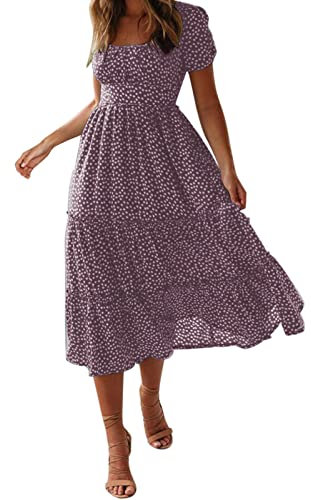 robe longue femme chic et elegant ete fluide robe de plage femme sexy chic decollete robe boheme femme fleurie col carré manche courte robe evasee femme mi longue décontractée mode (Pink, M)
