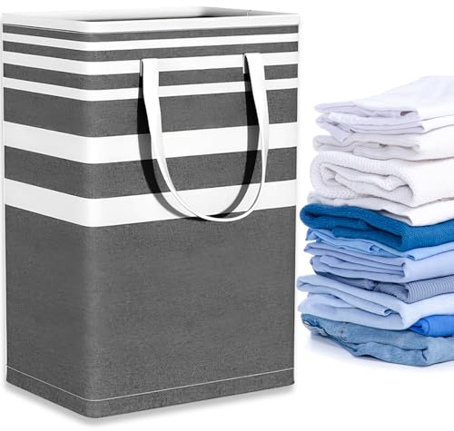 Bosdontek Grande Lino Cesto Portabiancheria, 75L Cesto Biancheria Sporca con Manico, Pieghevole Cesta Panni Sporchi Stoccaggio Paniere per Bagno/Lavanderia (Grigio Sfumato, 60cm*40cm)