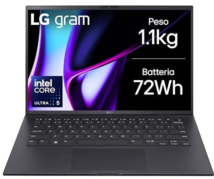 LG gram 14Z90S Notebook 14 WUXGA (1920x1200) IPS, Intel Core Ultra 5 125H, 16GB RAM, 512GB SSD, Peso 1.1kg, Batteria 72Wh, Windows 11 Home, Tastiera italiana, Nero