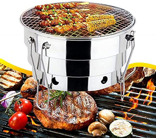 Barbecue Grill Klappbarer runder Holzkohlegrill, Edelstahl-Grills, Kombigrill, Smokers Grill mit tragbarer Tasche, für Picknick im Freien Camping Terrasse Garten 28 x 21,5 cm