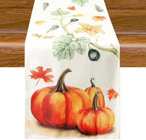 Aitsite Herbst Tischläufer, Küche Tisch Dekoration, Kürbisse Herbst Deko Draußen Urlaub Dekor Tischläufer, Herbst Tischdecke für Drinnen Urlaub Party Herbstdeko 40 x 180 cm (Vine Pumpkin)