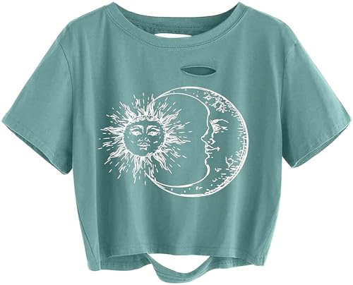 Sofia's Choice Damen Crop Top T Shirt Kurzarm mit Grafischem Bauchfrei Oberteil Ripped Tee Grün XL