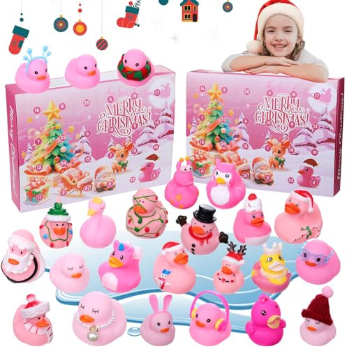 Adventskalender 2025 Weihnachts Ente Gummi Kinder 24 Tage Gummienten Quietscheenten Wasserspielzeug Jungen Mädchen Countdown Geschenkspielzeug Badespielzeug Dekoration (Rosa)
