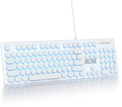 iRoboosta Retro Typewriter White Keyboard Full Size, 104 Keys LED Backlit Wired Membrane Keyboard with Number Pad, Ultra Slim Quiet Home/Office Computer Keyboard for PC, Laptop, Desktop (White)
