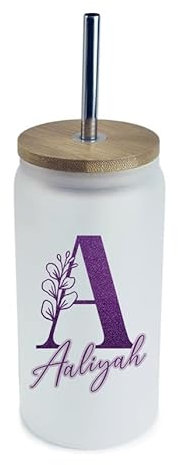 Getagift Personalised Initial with Name, Glitter Marble Alphabet, Gift for Girls, Frosted Glass Tumbler 18 OZ with Bamboo Lid and Silver Straw, Glass Can, Wide Mouth Jar for Drinks.