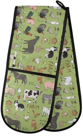 Double Oven Gloves Heat Resistant Farm Cow Horse Dog Double Oven Mitts Pot Holder Heat Protection Oven Gloves for Home Kitchen Baking Cooking BBQ Microwave