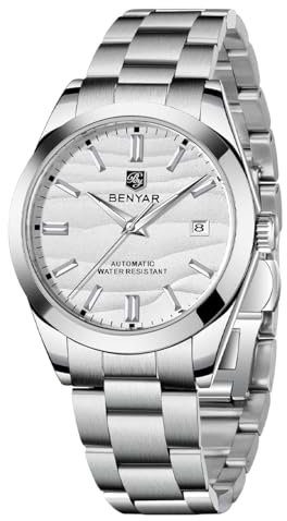 BENYAR Herrenuhr Automatikwerk Edelstahlarmband 50M Wasserdicht Leuchtanzeige mit Kalenderanzeige Casual Business Herren Sportuhr(White)