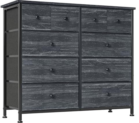 CAIYUN Chest of Drawers, Fabric Dresser for Bedroom with 10 Drawers, Storage Drawer Units for Hallway, Living Room, Closet, Black Wood Grain