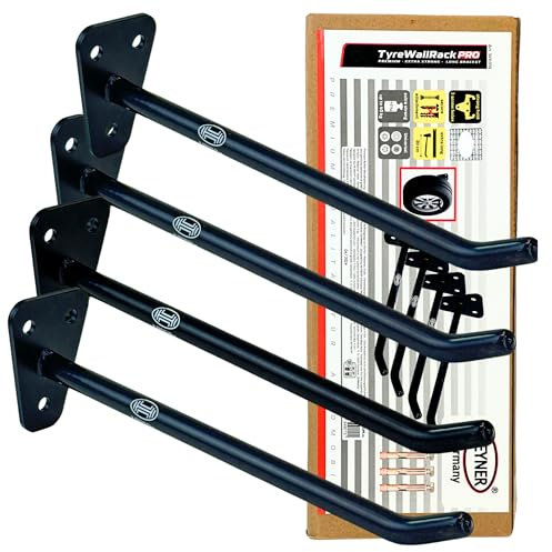 HEYNER Heavy-Duty Wall Mount Rack, Set of 4 Holders – Multipurpose Storage Hooks for Car Wheels, Bicycles, Garden Tools, Ladders, Sports Equipment – Strong Steel Holds Up to 40kg Per Hook H349010