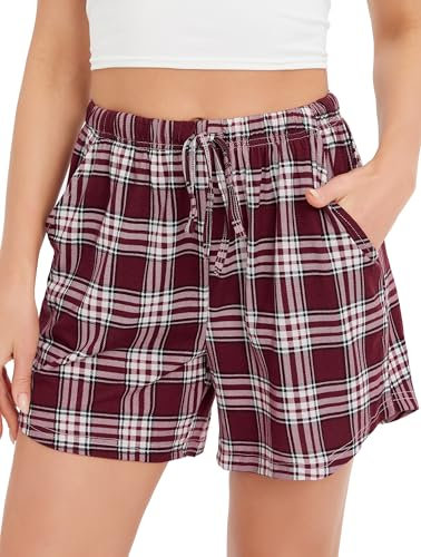 Vlazom Bas de Pyjama Femme Coton Short de Nuit à Carreaux Ete Shorts de Pyjama Pantalon de Pyjama Avec Poches,Rouge,L