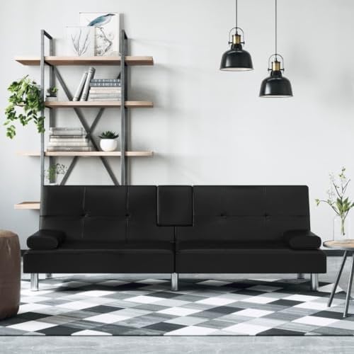 Xichuzi Schlafsofa mit Getränkehaltern Schwarz Kunstleder Sofa, Schlafcouch, Sofabett, Klein, Couchbett, Living Sofa, Sitzecke Wohnzimmer