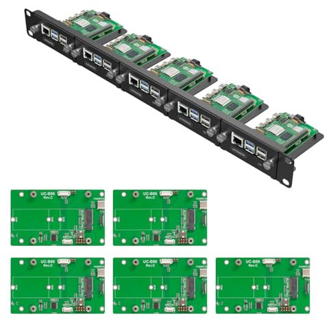 UCTRONICS 1U Rack Mount for Raspberry Pi 5, 19 Server Rack with 5 PCIe to M.2 NVME SSD Adapters, Support Up to 5 Pi 5