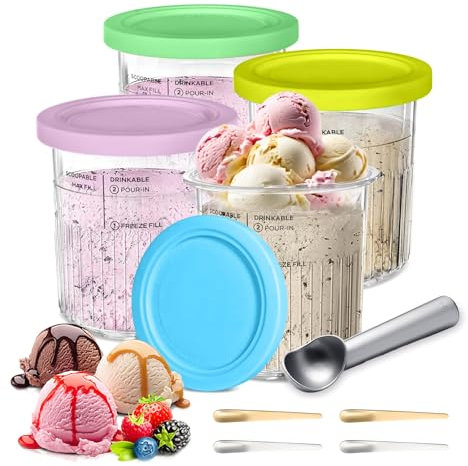 4 Stück Ersatz Behälter, 24 oz Auslaufsicher für Ninja CREAMi Deluxe, Kompatibel mit Ninja CREAMi NC500 NC501 Serie, mit Eisportionierer, 4 Löffeln, Spülmaschinenfest