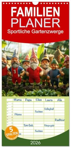 Familienplaner 2026 - Sportliche Gartenzwerge mit 5 Spalten (Wandkalender, 21 cm x 45 cm), CALVENDO: Der Sportliche Gartenzwerge-Kalender zeigt ... Surfen, Fußball und mehr (CALVENDO Sport)