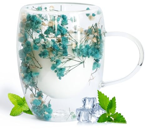AWSOLAR 350ml Dry Flowers Double Walled Glass Mugs with Handle, Flower Mug Tea Cup for Hot and Cold Drinks, Birthday Gifts for Women Mum Friends Teacher Valentines Mothers Day