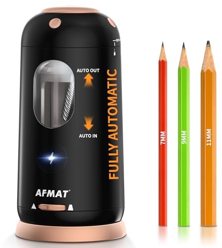 AFMAT Vollautomatischer Bleistiftspitzer, Elektrischer Anspitzer Wiederaufladbar für Dicke und Dünne Stifte 7-11,5mm, Robust mit Behälter für Büro Schule Haus, Schwarz, PSC8