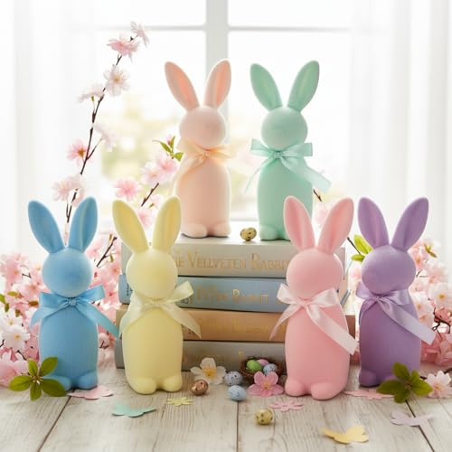 Lanpn 6er-Set Flauschige Osterhasen mit Schleifen, Hasenfiguren in Macaron-Farben für Tisch, Regal & Wohnraum, Frühlingsdekoration