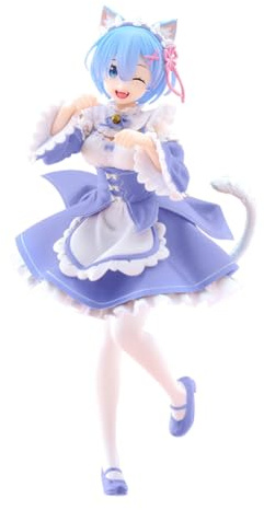 DEXSHUN Rem Figur Anime Re:0 Niedlich Katzenfrau Dienstmädchen Rem Modell Blauer-Stil PVC Anime Figure Merch Sammlerstück Desktop-Dekoration Geschenke 18cm