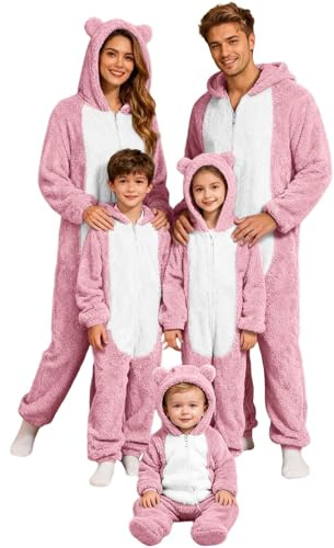 Beokeuioe Tuta natalizia morbida, pigiama con orecchie d'orso, con cappuccio, costume da animale, per adulti, per la famiglia, tuta intera