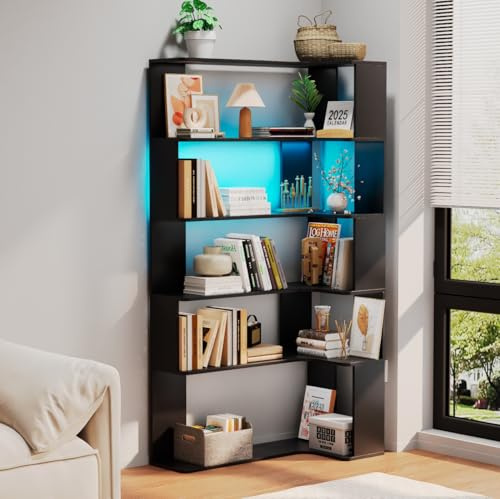 BYNYXI LED Eckregal mit 5 Ebenen, dreieckiges Bücherregal mit LED Beleuchtung Eckregal Hängend Schmales Bücherregal Standregal Aufbewahrungsregal für Küche Schlafzimmer Wohnzimmer Büro 90x48x169cm