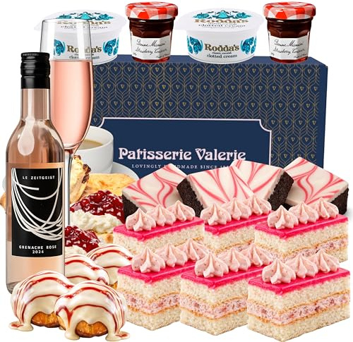 Patisserie Valerie Rosé Wine Afternoon Tea Hamper – Strawberry Slices, Cherry Brownies, Cream Choux, Scones, Clotted Cream & Jam – Luxury Sweet Treats Gift Hamper Delivery UK