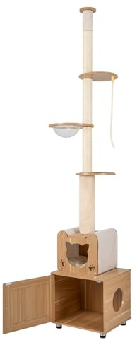 GYMAX Floor to Ceiling Cat Tree, 256-275 cm Height Adjustable Cat Tower with Litter Box Enclosure, Sisal Scratching Posts, Sisal Rope, Space Capsule & Condo, Kitten Activity Center for Climbing