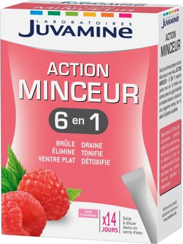 JUVAMINE - Action Minceur 6 en 1 - Brule, Draine, Elimine, Détoxifie, Tonifie, Favorise le Ventre Plat - Programme Minceur - 14 Sticks - Arôme Framboise - 46.50 g - Fabriqué en France