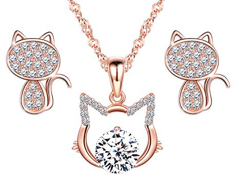 Yumilok Damen-Ohrstecker Halskette Kette mit Katze Kätzchen Anhänger Zirkonia Solitär Ohrringe Creolen Schmucksets Set 925 Sterling Silber Geschenk für Frauen Mädchen Roségold