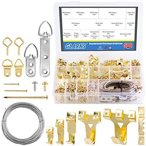 Glarks 500Pcs Crochet Robuste Avec Clous Kit Pour Cadre Photo 4KG à 34KG, Crochets de suspension d'image sur matériel, fil de suspension, œillets à vis, anneau en D et cintre en dents de scie