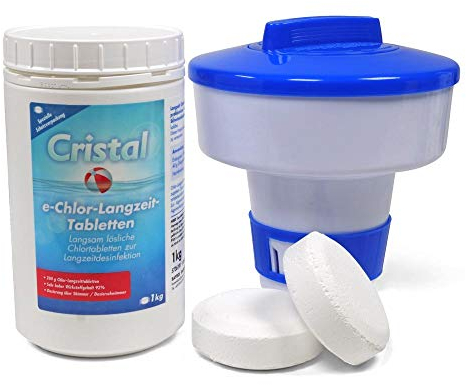 Cristal Chlor-Langzeit-Tabletten 200 g - 1 kg Eimer mit Dosierschwimmer - Langsam löslich für Pools ab 20 m³ - Hoher Aktivchlorgehalt - Langzeitdesinfektion