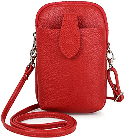 Kleine Damen Leder Umhängetasche, Ital. Handtasche Handy Echtleder, Crossbody Schultertasche für Frauen Mädchen, 0002111070, Tasche Farben:Rot