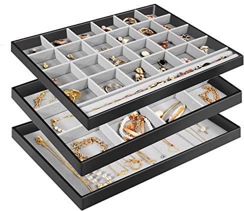 ProCase Schmucktabletts Organizer, 3-teiliges Set Schmuckeinsatz für Schubladen, Schmucktablett Stapelbar Schmuck Organizer Schublade für Ohrstecker, Ohrringe, Armbänder, Ringe, Uhren -Schwarz