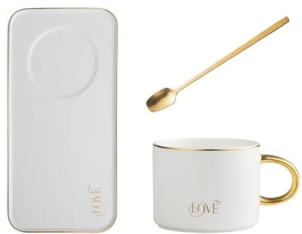 JIUJ Set di tazze da caffè e piattini in ceramica, con piattino, vassoio per tè pomeridiano, set da colazione da 160 ml (bianco)