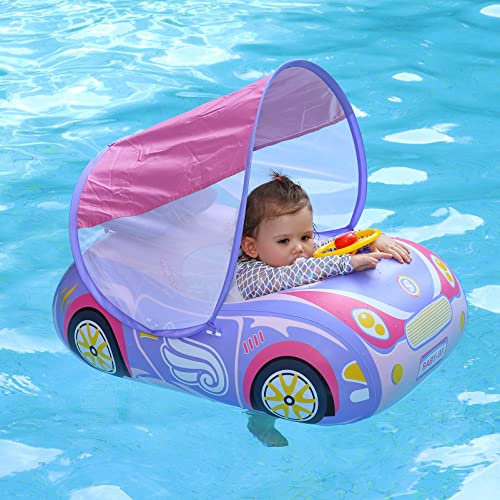 Swimbobo Toddler Pool Float Inflatable Car Baby Swim Float with Adjustable Sun Canopy and Safety Seat Pool Toys for Kids 3 Years Old + (Princess Pink Car)