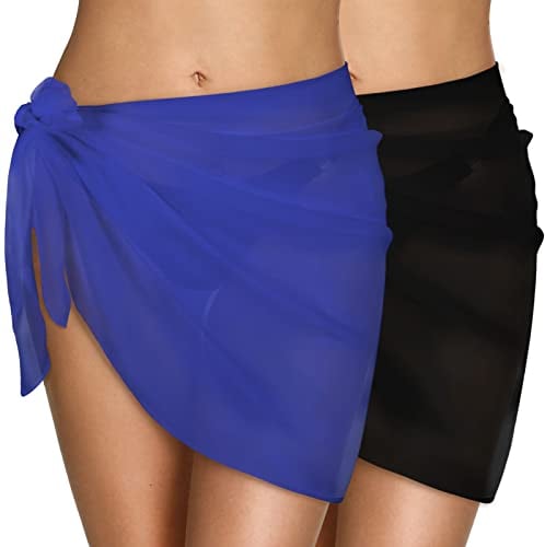 Xnova Strand Wrap Sarong Damen, Chiffon Vertuschung Wickelröcke, Kurz Bikini Rock Cover up, Strandtuch Strandkleid Tücher Wickelrock Badeanzug Sexy für Urlaub Sommer (2 PCS Schwarz, Blau)