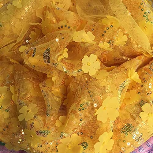 130cmx1 Yard Bestickter 3D-Pailletten-Blumen-Mesh-Stoff, Tüll Stoff für Hochzeit Geburtstag Weihnachten Fest Kommunion Party Deko,Nähen von Brautschleiern Hochzeitskleid Tischläufer Tutu Röcken,Gold