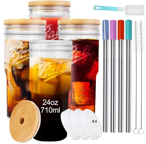 Aikio Drinking Glasses with Lids and Straws - 4 Set 710ml/24oz Iced Coffee Glasses,Reusable Glass Cups Glassware Tumblers Beer Glasses Bubble Tea Cup for Cocktail, Whiskey, Coffee,Juice, Gift