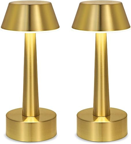 OCEST 2 Pack Small Cordless Table Lamp, Rechargeable Battery Operated Lights, 3 Color Dimmable Touch Bedside Lamp, Outdoor Patio Restaurant Bar Hallway Dining Table Indoor, Gold
