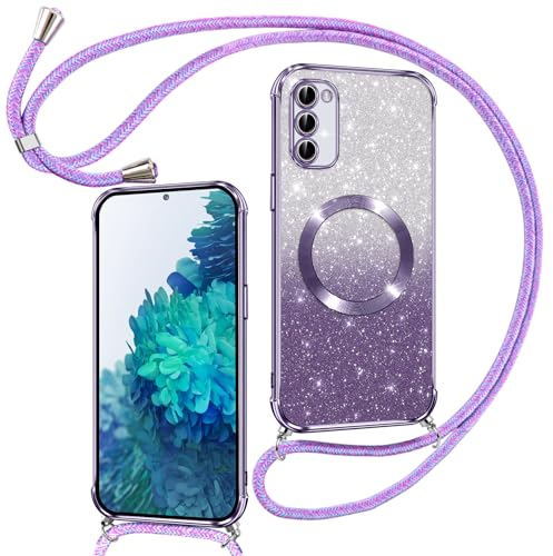 Phoona Handyband Hülle für Samsung Galaxy S20 FE mit Band [kompatibel mit MagSafe], Luxuriöse Glitzer Beschichtung Magnetische Handyhülle für Samsung S20 FE Silikon Stoßfest Schutzhülle, Lila