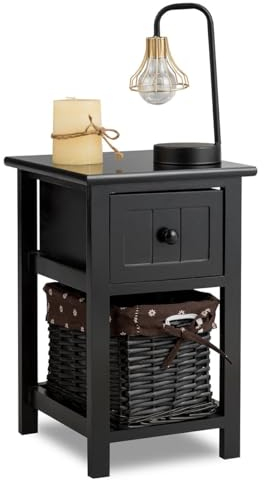 CASART Bedside Table, 2-Tier Nightstand End Table with 1 Storage Drawer and 1 Basket Drawer, Wooden Sofa Side Table for Living Room Bedroom Office (1, Black)