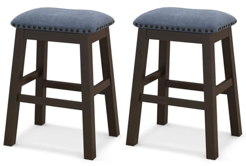 TANGZON Bar Stools Set of 2, Upholstered Saddle Stools with Rubber Wood Legs, Rivet Decor, Footrest & Anti-slip Foot Pads, Counter Height Breakfast Barstools for Home Pub Kitchen Dining Living Room