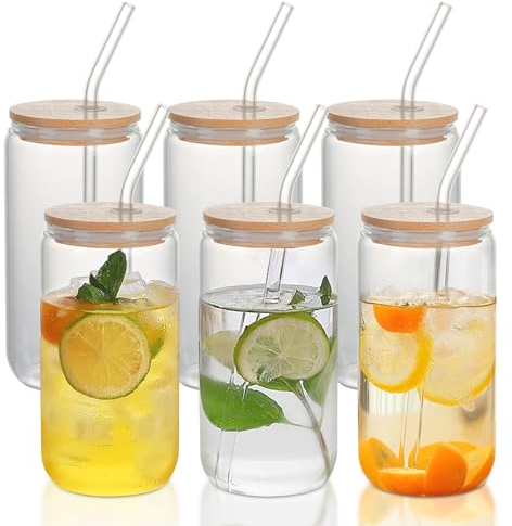 Verres avec Couvercles et Pailles,Set de 6 Verres à Boire,Verres à Pot de 500ml,Verres à Cocktail,Verres à Long Drink,Verres à Eau,Verres à Café Glacé pour Jus,Bière,Soda,Avec 3 Brosses de Nettoyage