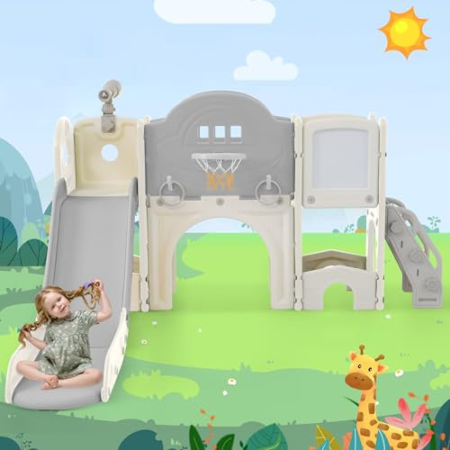 Merax Rutsche für Kinder, 10 in 1 Multifunktionsrutsche mit Klettern, Bohrspiel, Basketballkorb, Golfspiel, Kinder Spielplatz Gartenrutsche für In- und Outdoor, Hinterhof Rutsche Set, Grau & weiß