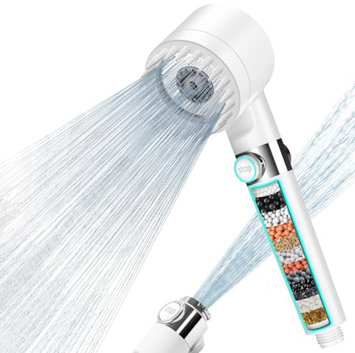 MEKO Hard Water Filter Shower Head with 15 Stage Filter, 3+1 Spray Jet Modes High Pressure Shower Head and 1.5m Hose, Handheld Massage Shower Filter for Residual Chlorine Remove (White)