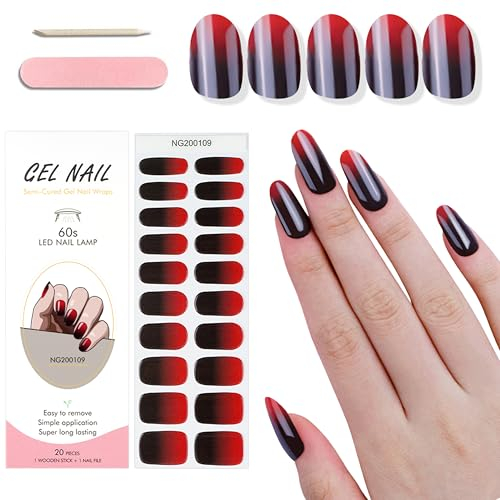 MrCuvaryas 20Stk Gel Nagellack Aufkleber, UV Gel Nagelfolie für Hände, Full Wraps Nagelaufkleber LED-Lampe Erforderlich Cured Gel Nail Strips mit Nagelfeile und Stick für Frauen (Red, 24x)