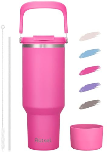 Autsel 1200ml Mug Isotherme avec Poignée et Paille, 40oz Tasse Isotherme de Voyage, Bouteille Isotherme 1,2l Gourde Inox Isotherme pour Voiture Travail Sports