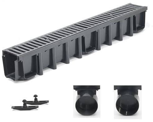 ScarMaxx - 1m Entwässerungsrinne Set - Bodenrinne - Regenwasser Ablauf - Abfluss mit Gitter - A15 Bauhöhe 148mm - Komplett SET - Gußrost schwarz - 13x100x14,8cm