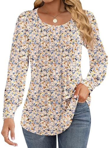 Cuptacc Women Tops Pleated Crew Neck Tunic Tops Long Sleeve Winter Oversized T Shirts for Women UK Puff Sleeve Blouse Elegant White Brown Florals M UK 12