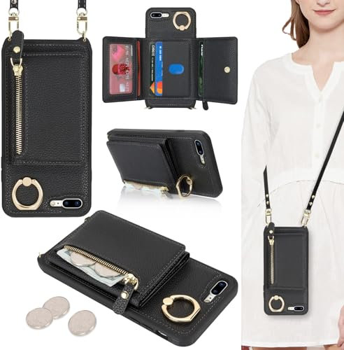 ELTEKER Handyhülle für iPhone 7 Plus/8 Plus Hülle mit Band Kartenfach Geldbörse,Leder Klapphülle Handytasche für iPhone 7 Plus/8 Plus - Schwarz